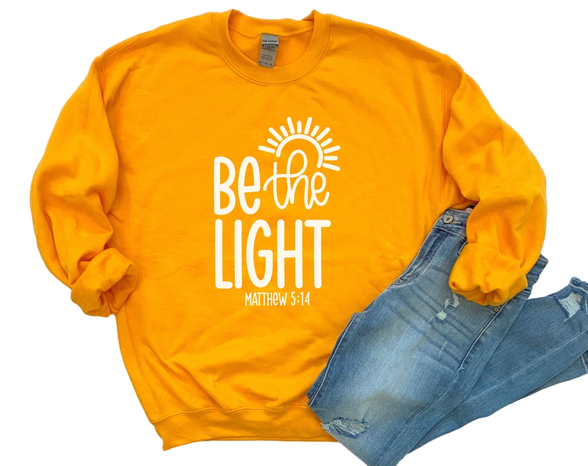 Scripts and Flips, Be the Light, Matthew 5:14- Faith Shop Sweatshirt in Gold