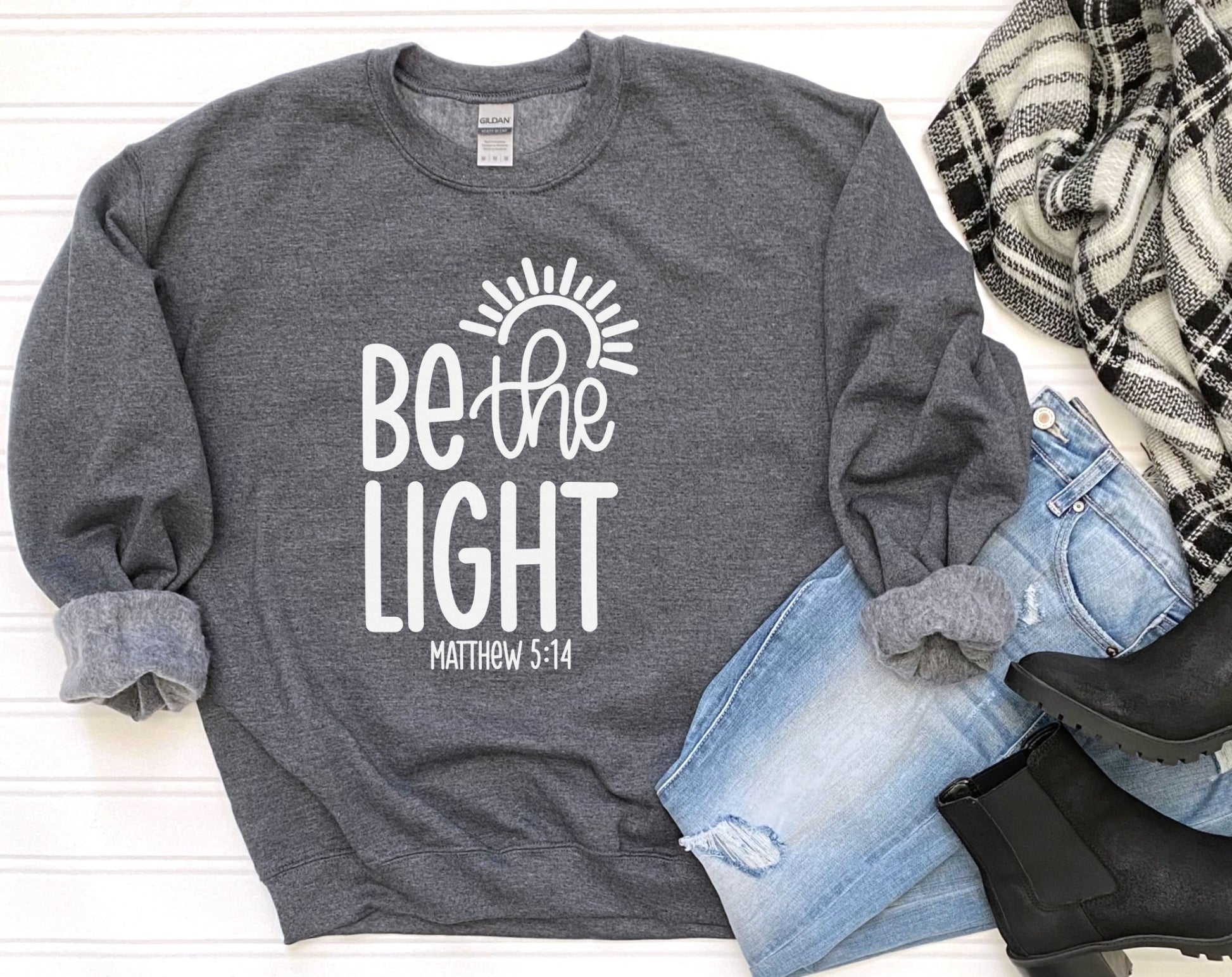 Scripts and Flips, Be the Light, Matthew 5:14- Faith Shop Sweatshirt in Dark heather