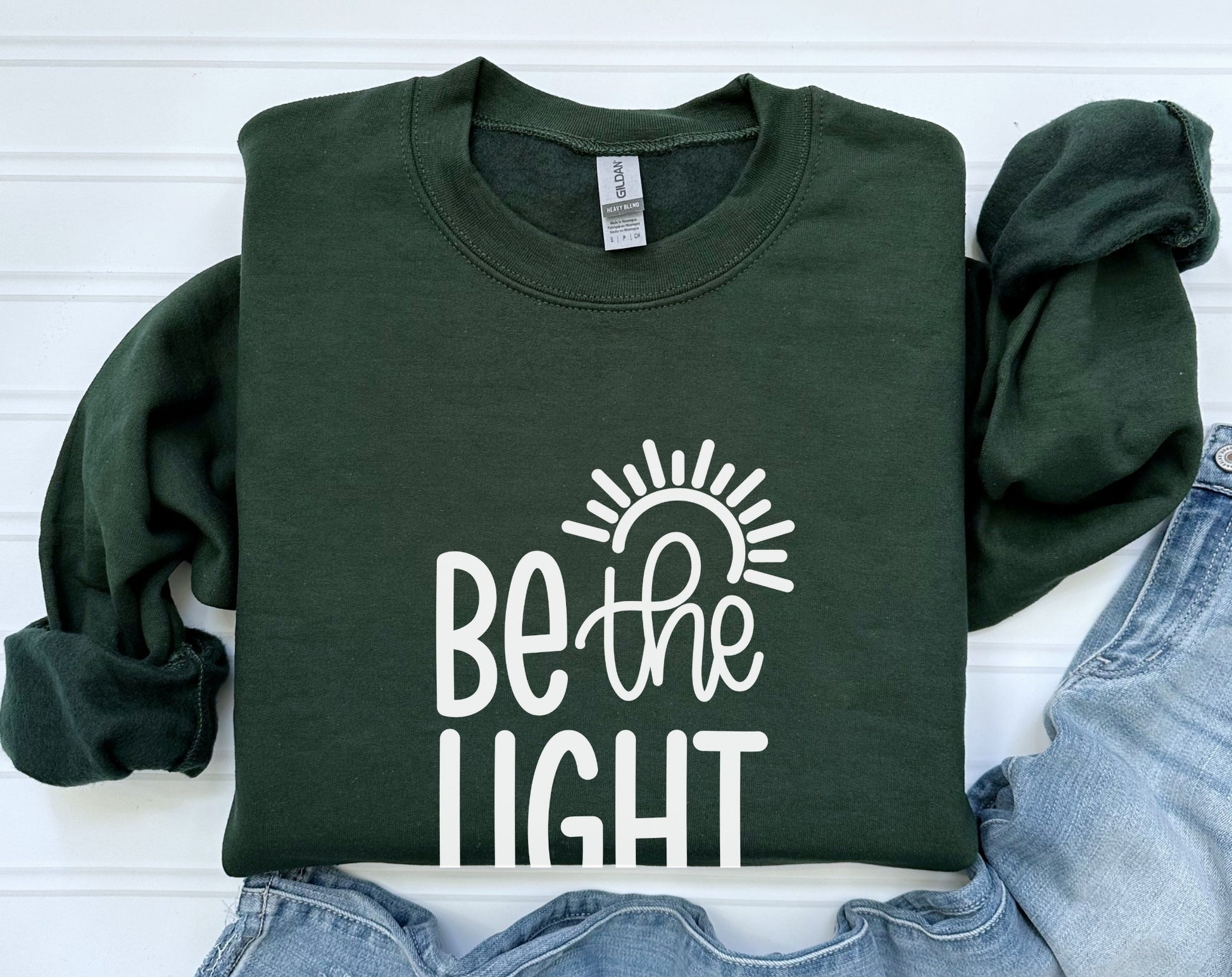 Scripts and Flips, Be the Light, Matthew 5:14- Faith Shop Sweatshirt in forest